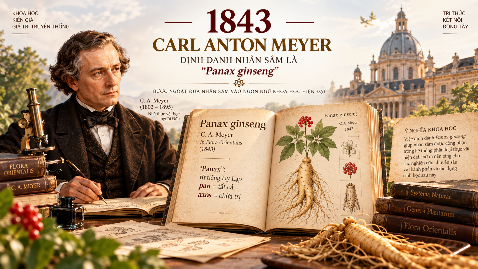 nhà thực vật học Carl Anton Meyer đặt tên khoa học Panax ginseng năm 1843