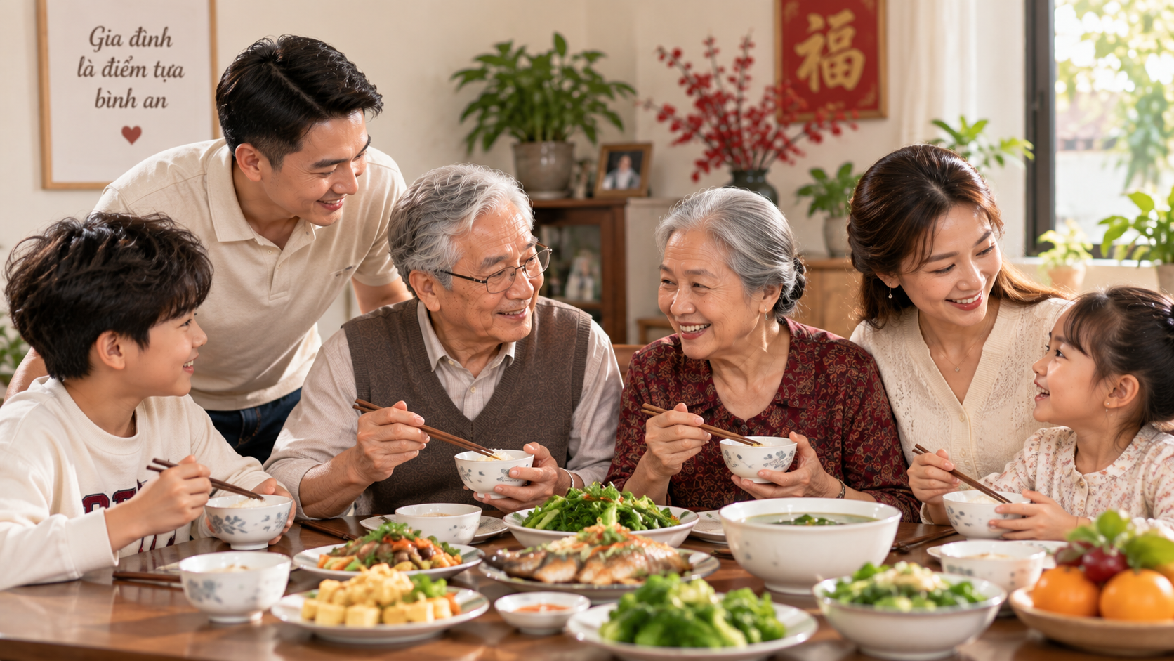 gia đình chăm sóc người cao tuổi từ bữa ăn và sự đồng hành