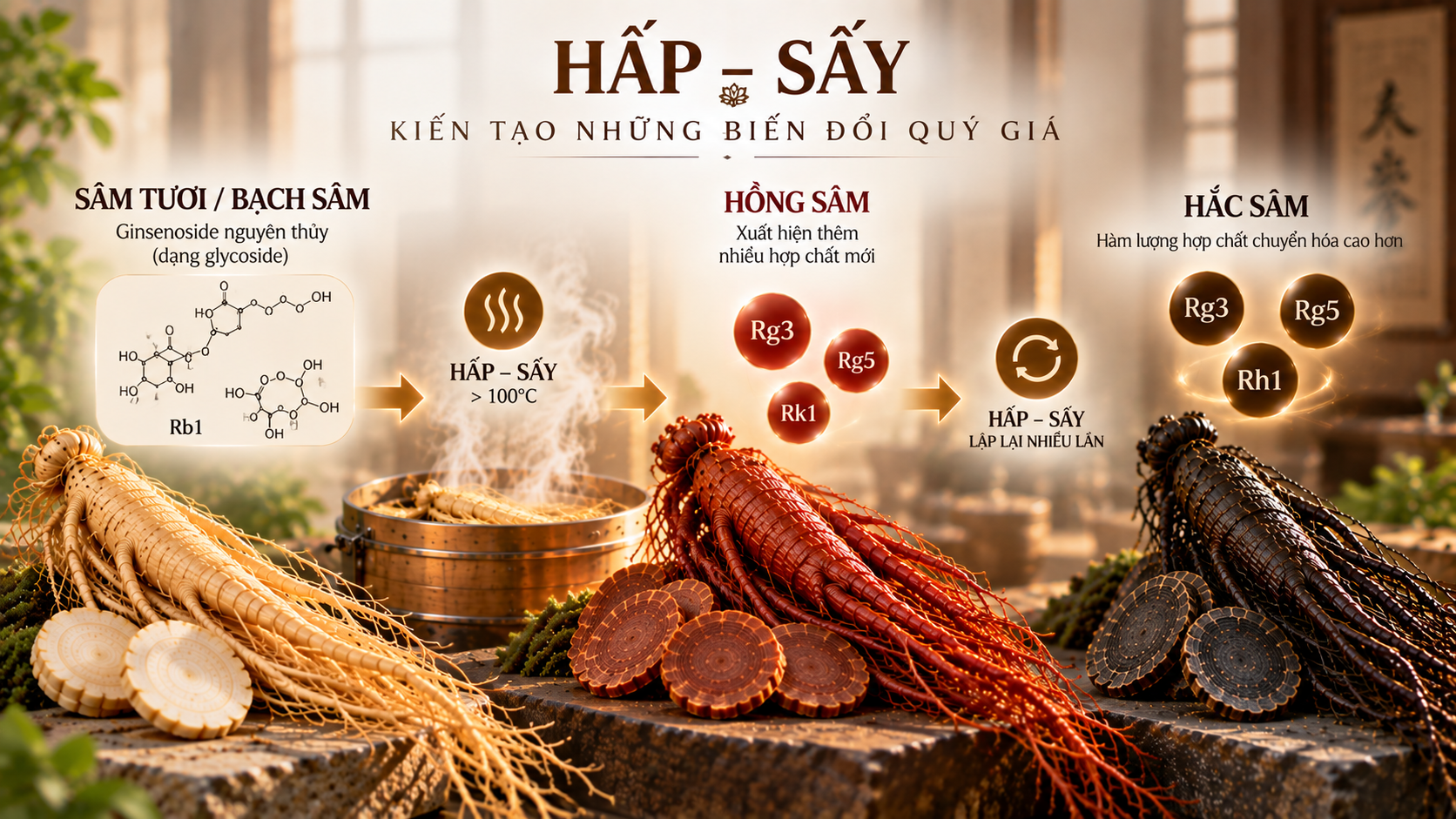 cơ chế hấp sấy nhiệt độ cao biến đổi cấu trúc ginsenoside trong nhân sâm