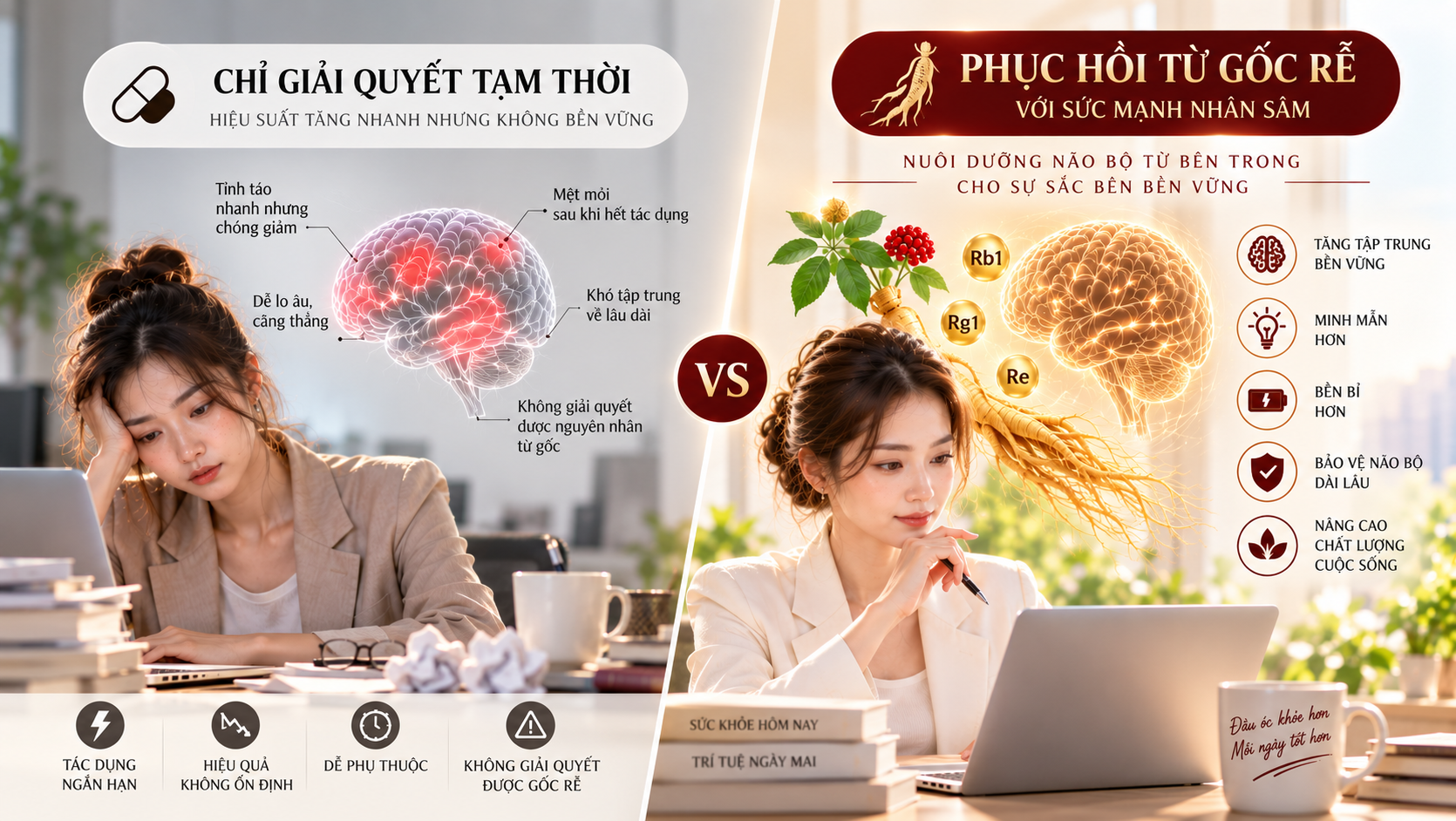 hỗ trợ phục hồi não bộ từ gốc khác với kích thích caffeine tạm thời