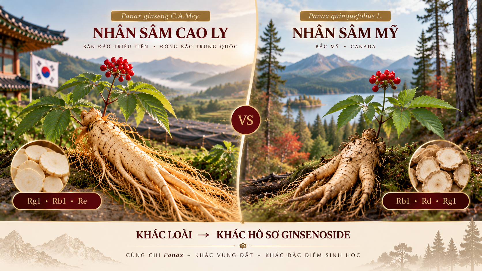 so sánh nhân sâm Cao Ly Panax ginseng và nhân sâm Mỹ Panax quinquefolius