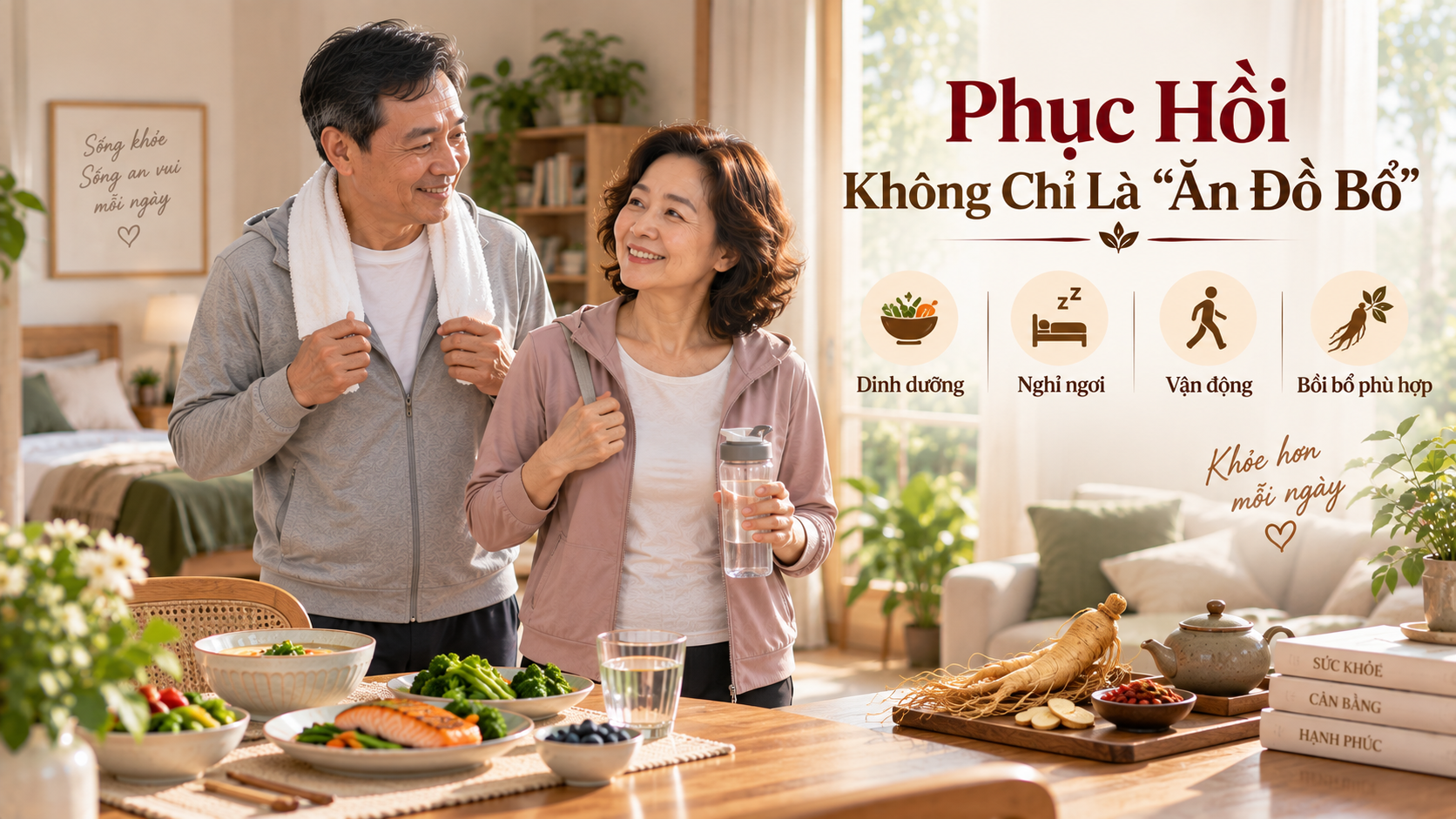 phục hồi toàn diện sau ốm gồm dinh dưỡng nghỉ ngơi vận động và bồi bổ phù hợp